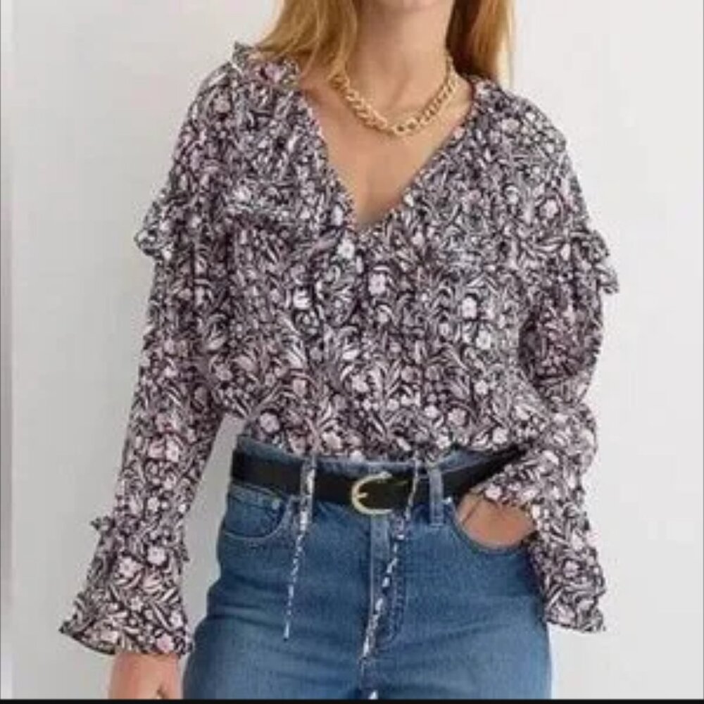 J. Crew Ruffle Crinkle Chiffon Top Blouse in Floral Flourish M Medium